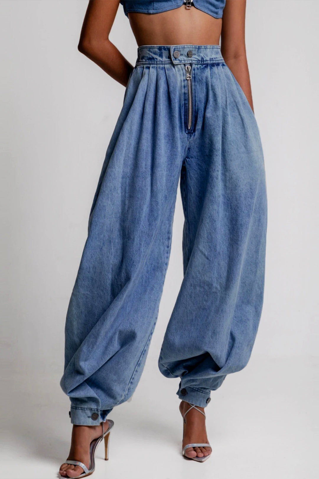 Denim High Waist Zipper Barrel Balloon Jeans