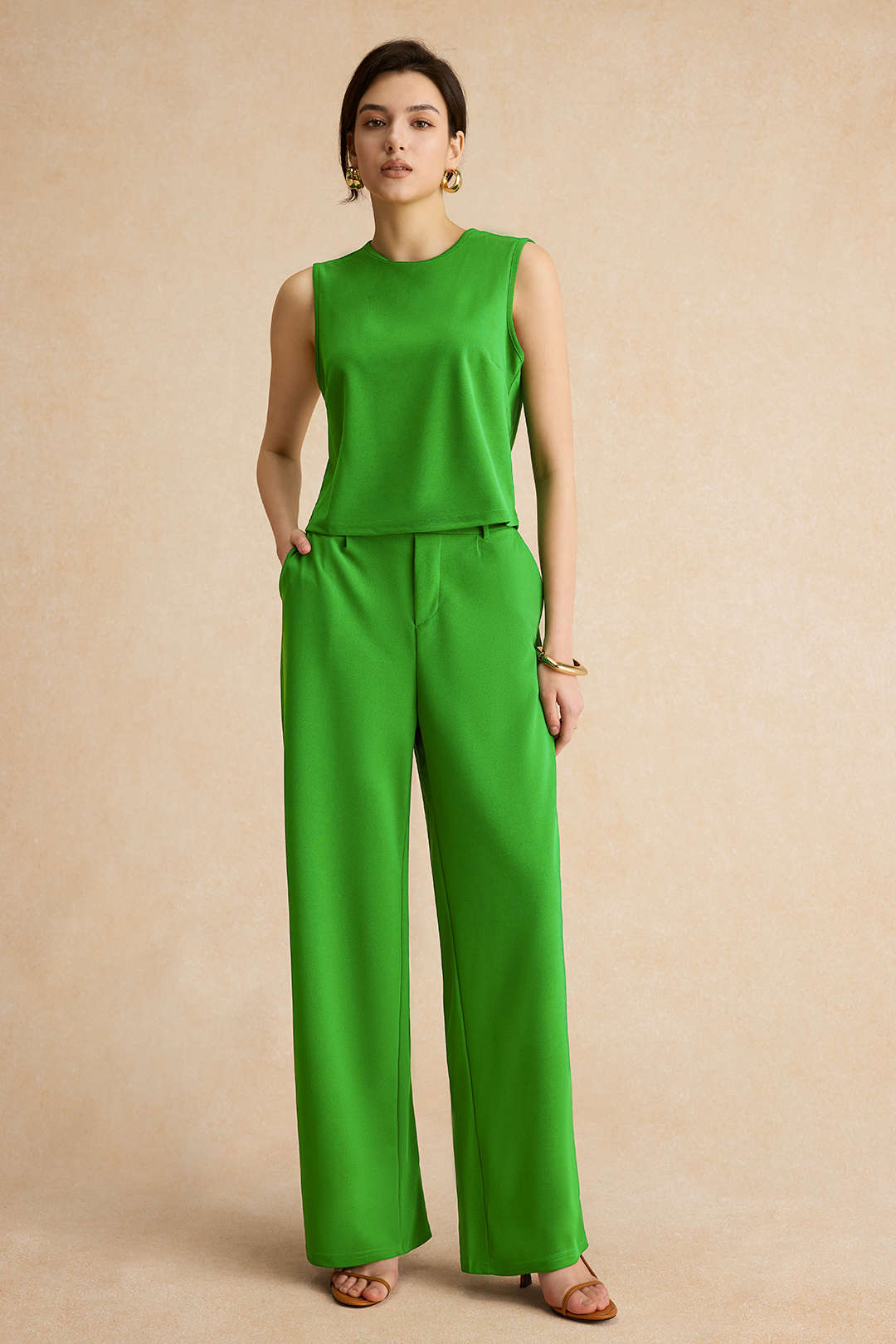 Basic Solid Sleeveless Top And Straight Leg Pants Set