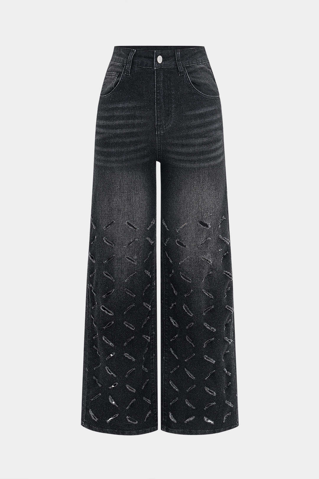 Ripped Cut Out Button Pocket Wide Leg Jeans