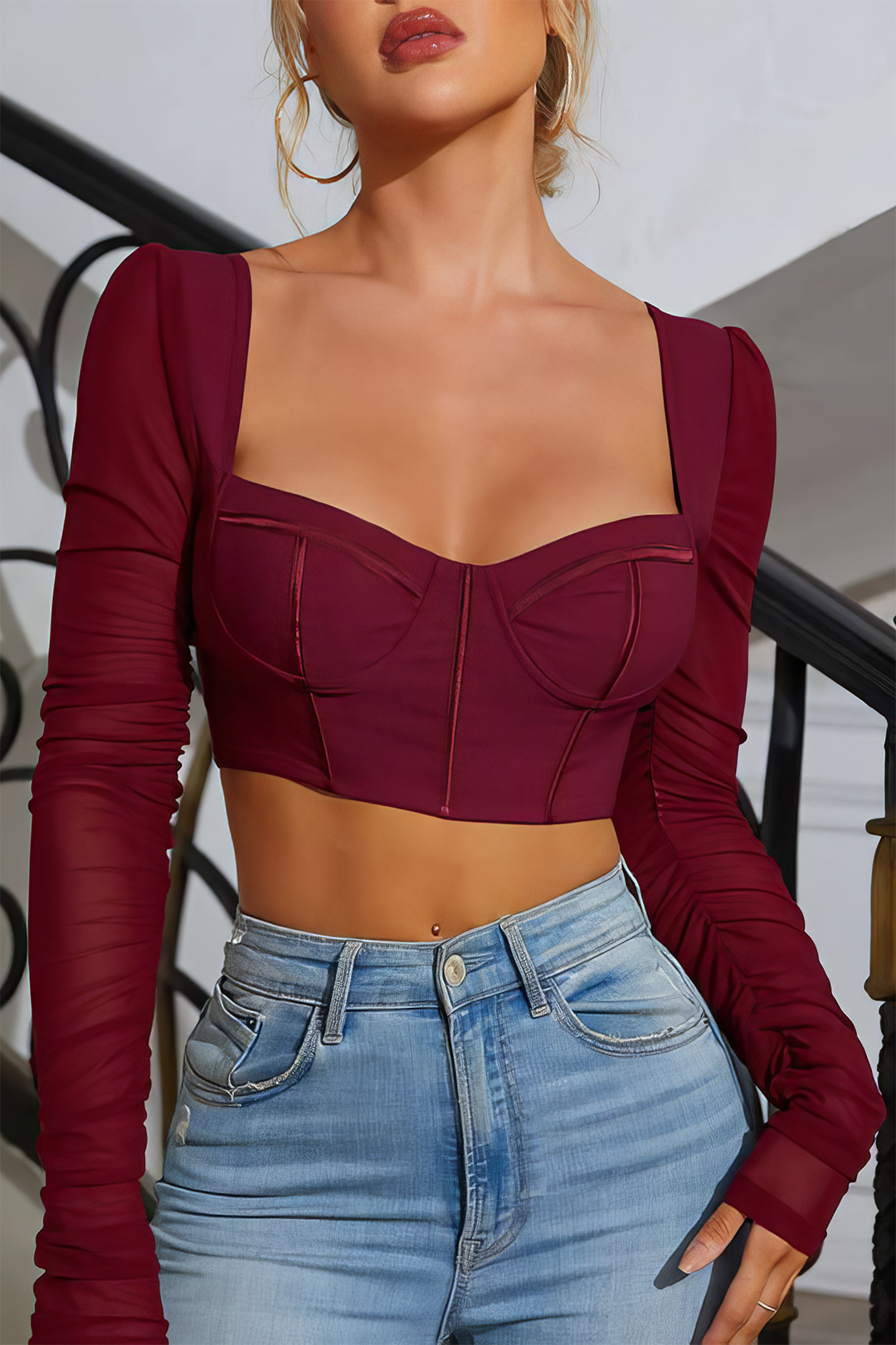 Bustier Mesh Patchwork Long Sleeve Top