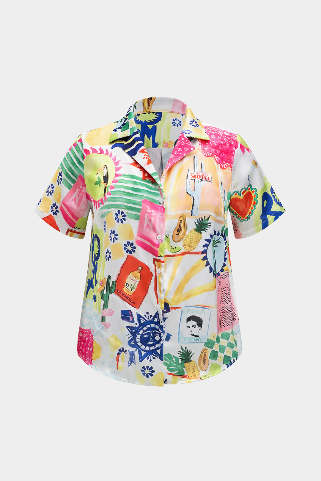 Plus Size Satin Pop Art Pattern V-Neck Short-Sleeve Shirt