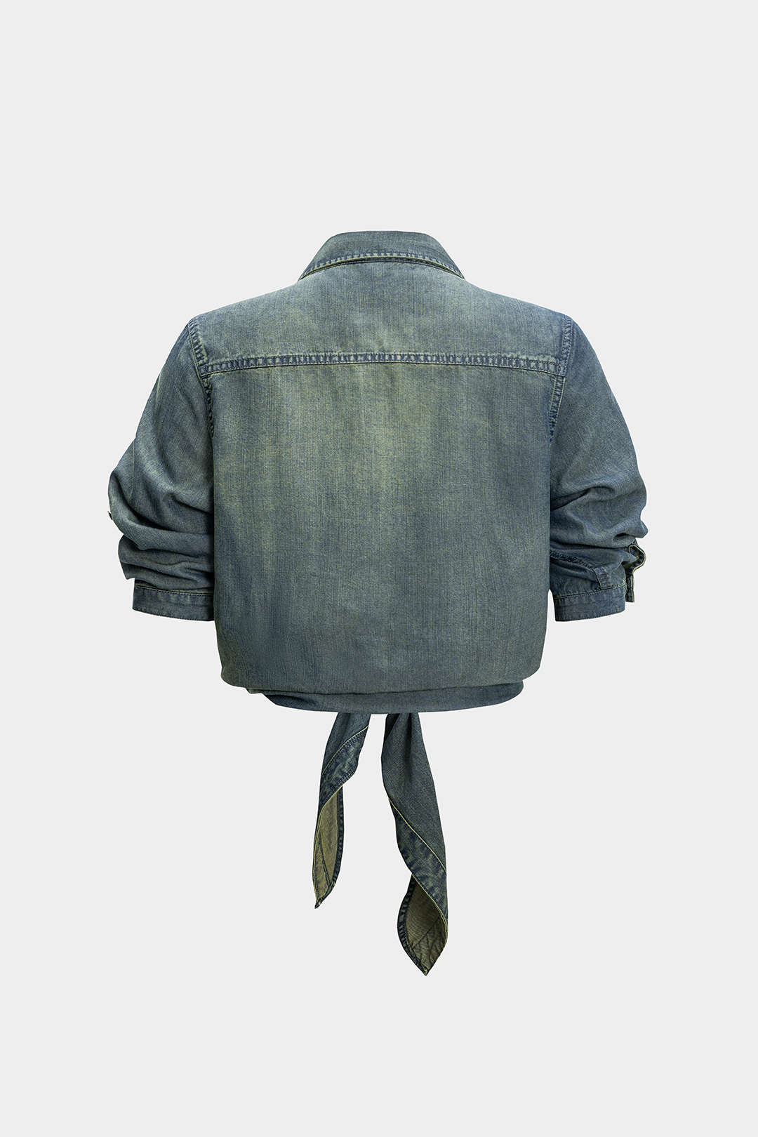Denim Ruched Knotted Short Sleeve Shirt