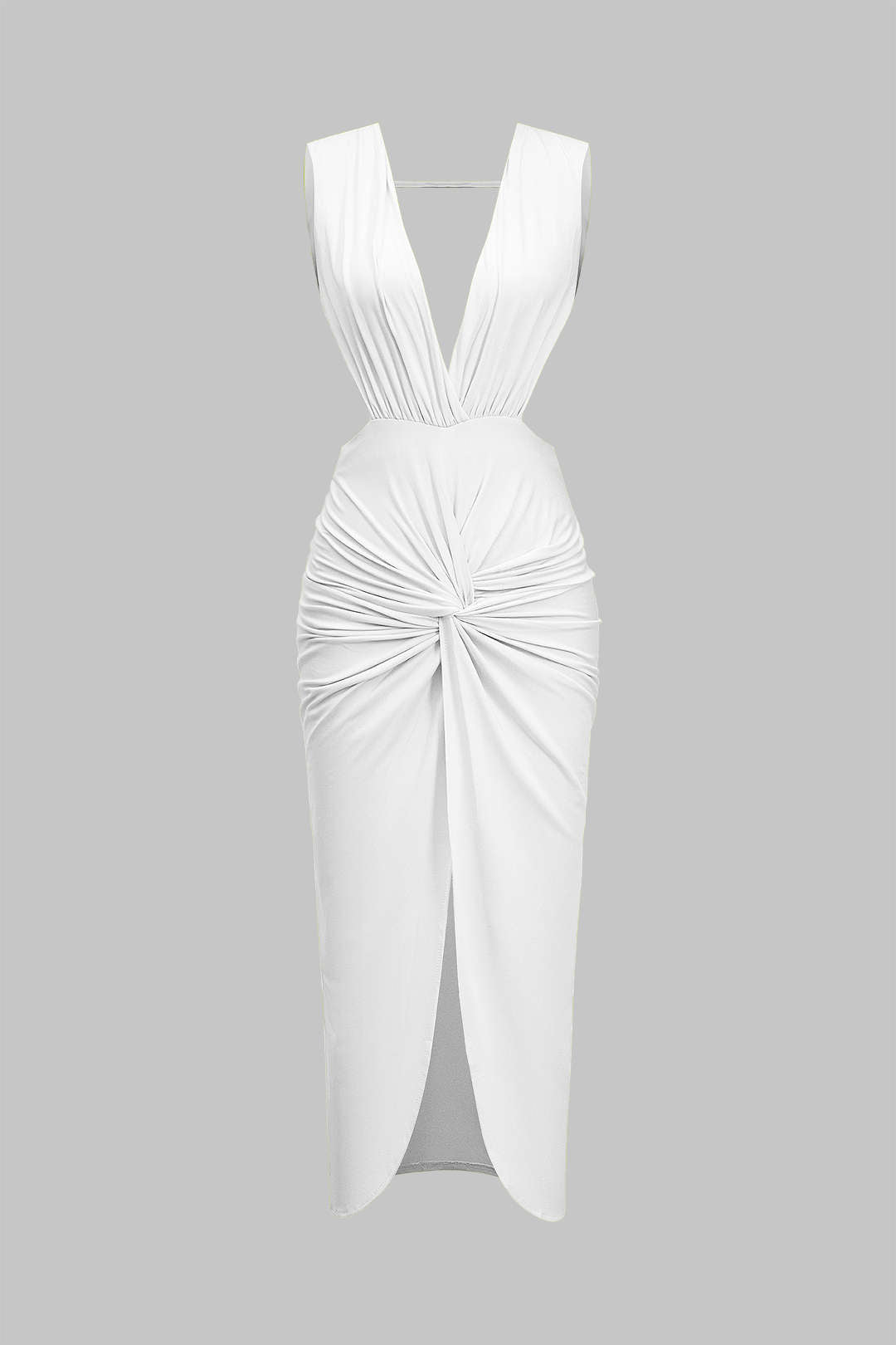 Ruched Twist Knot Backless Sleeveless Midi Dress