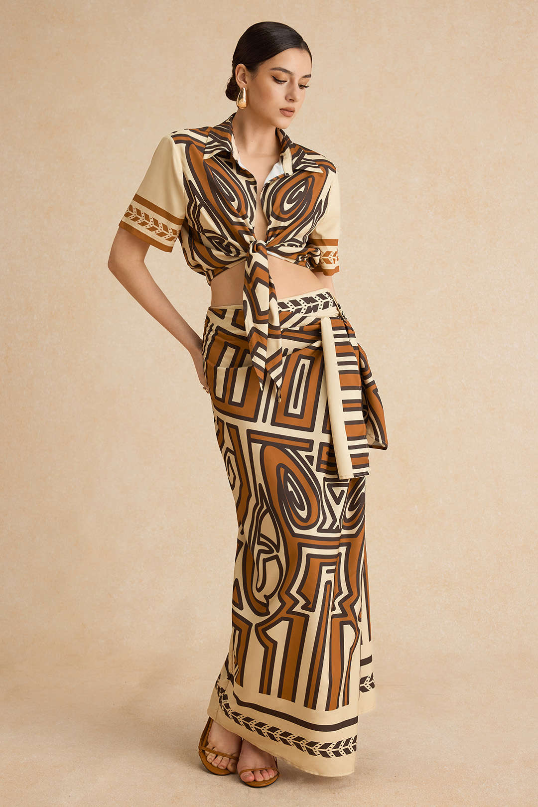Bohemian Print Tie Front Short-Sleeve Shirt
