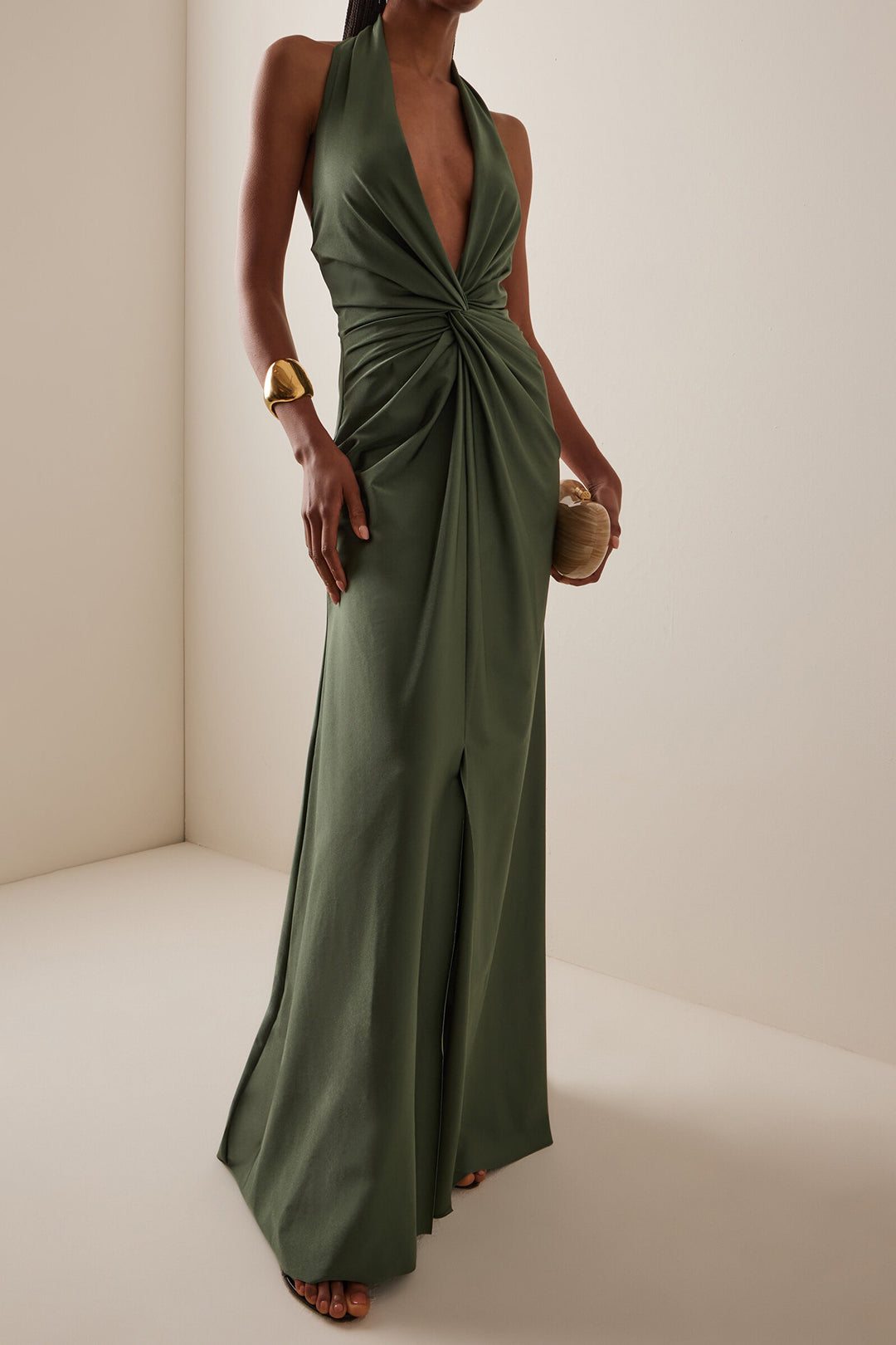 Halter Neck Backless Ruched Twist Knot Sleeveless Maxi Dress