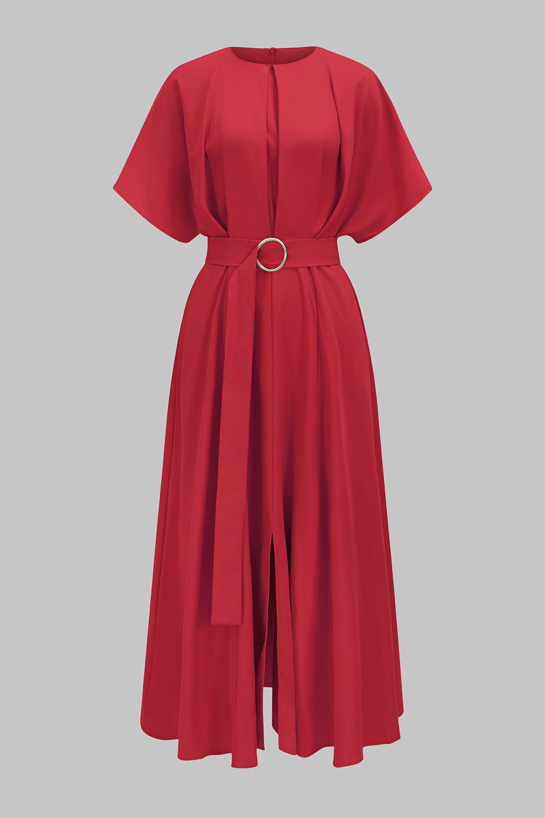 Round Neck Belted Ruched Short Sleeve Maxi Dress
