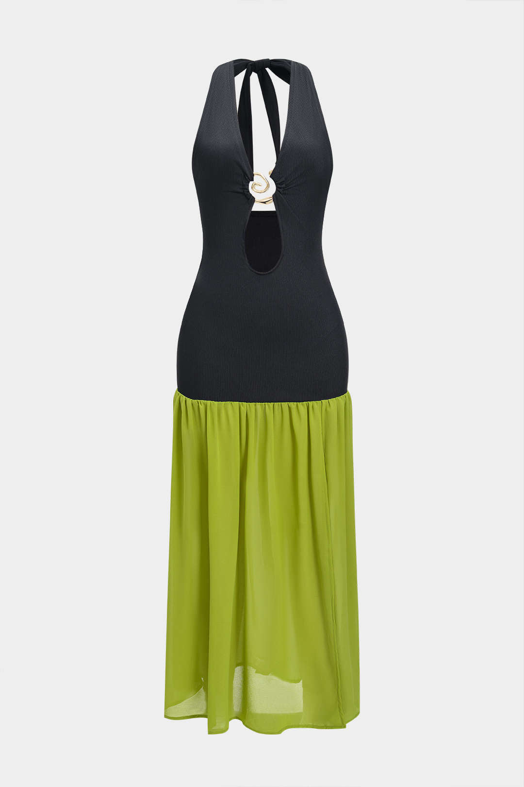 Chiffon V-Neck Halter Neck Metallic Decor Patchwork Sleeveless Slit Maxi Dress