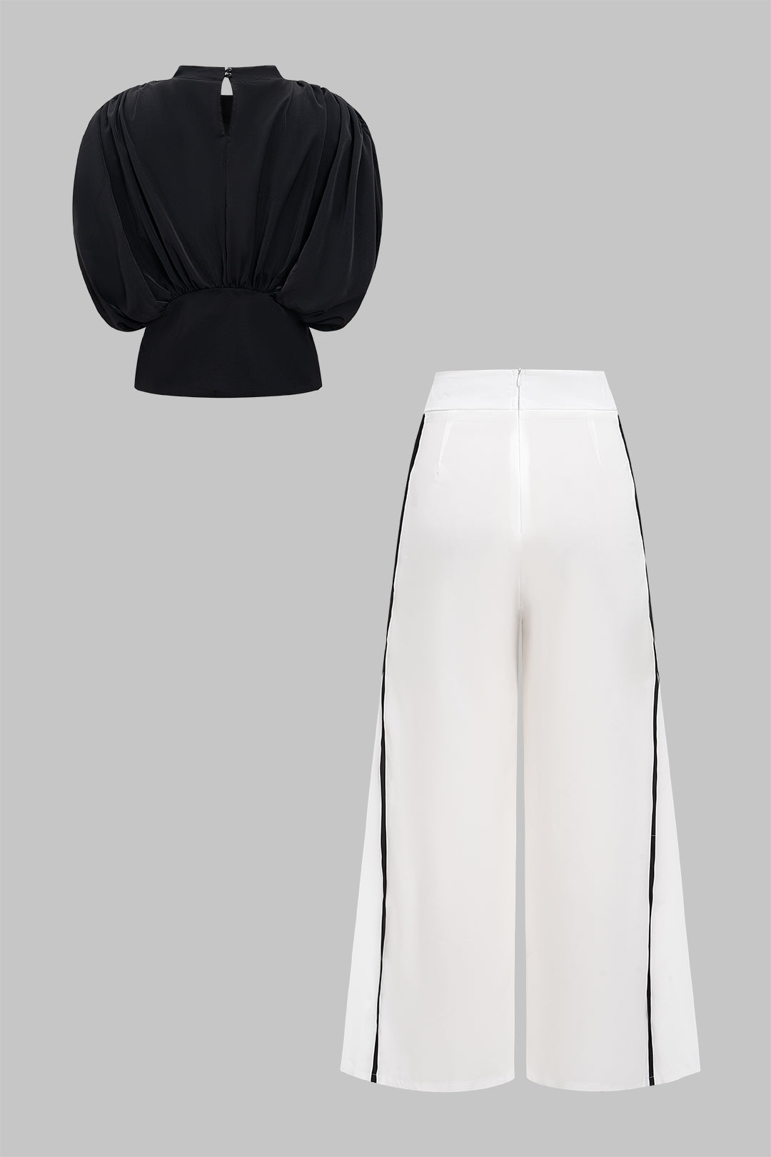 Corset Waist Pleated Short-Sleeve Top Adn Contrast Tie-Front Wide Leg Trousers Set