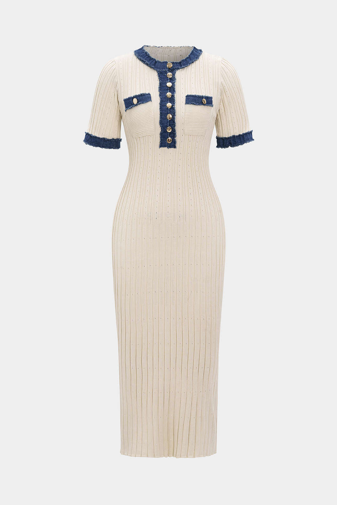 Denim Patchwork Metallic Button Short Sleeve Maxi Dress