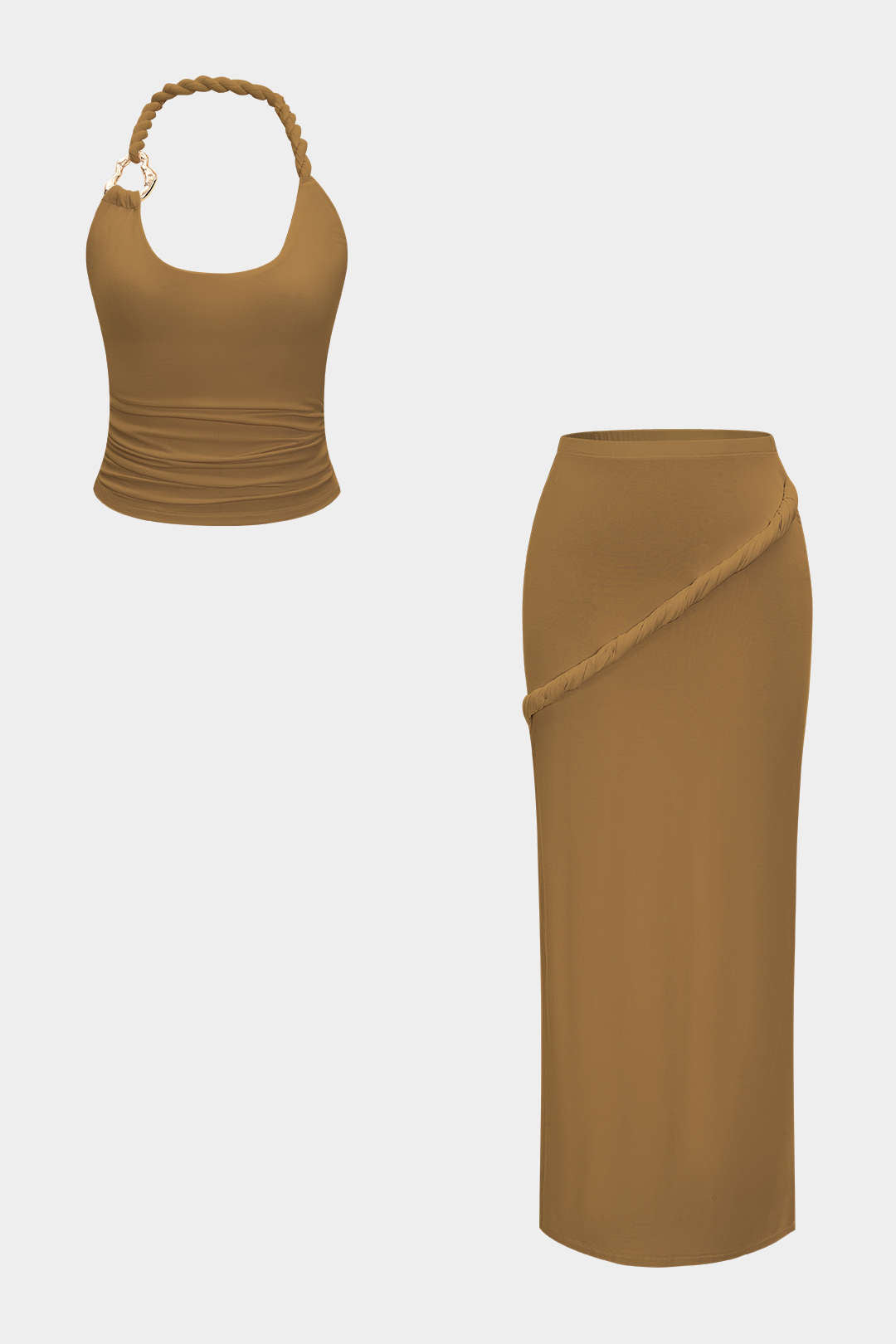 Asymmetrical Twist Knot Metallic Skirt Set