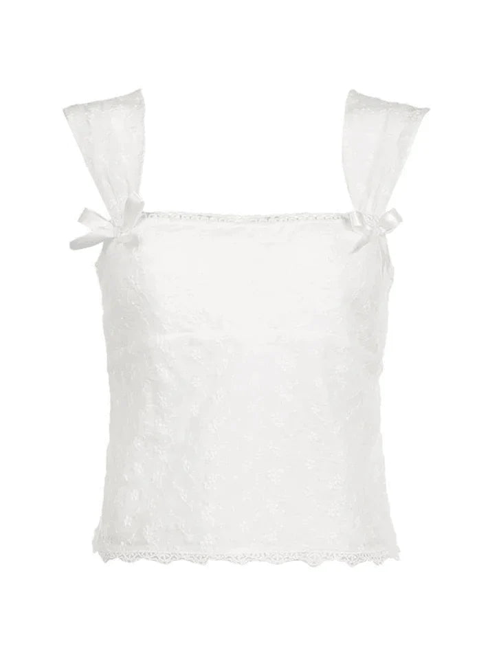 Vintage White Embroidered Tank Top with Bow Lace