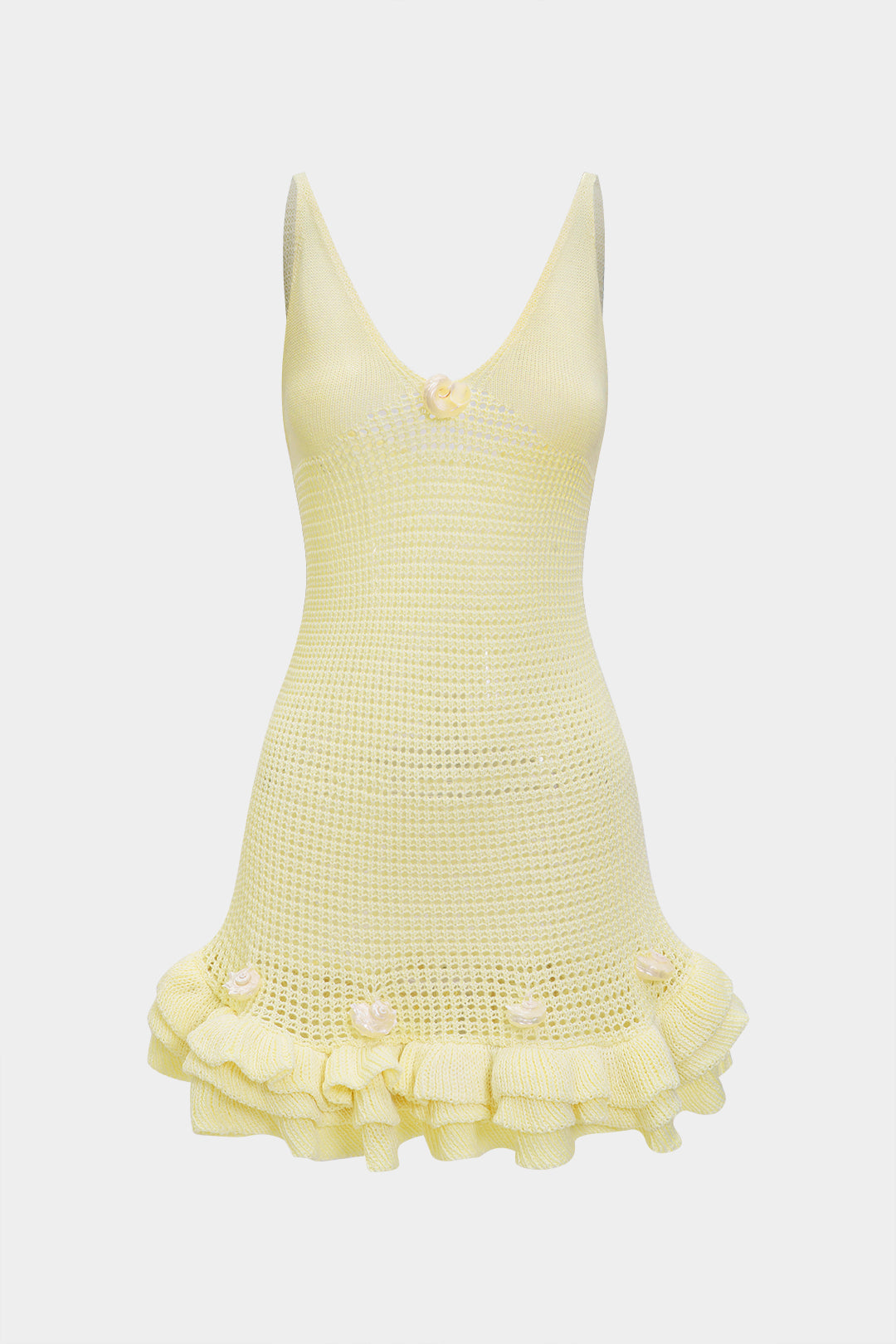 Knit Hollow Out Backless V-Neck Ruffle Sleeveless Dress