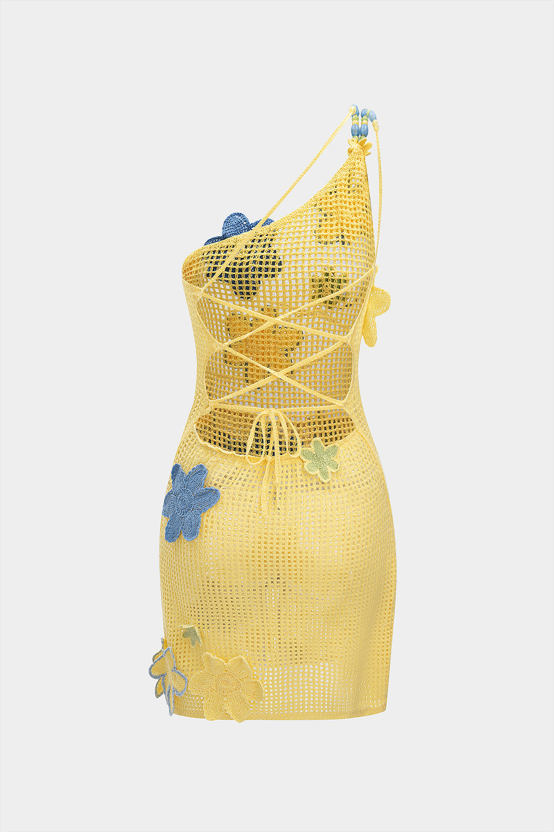 Knit Asymmetrical Beaded 3D Floral Hollow Out Backless Sleeveless Dress