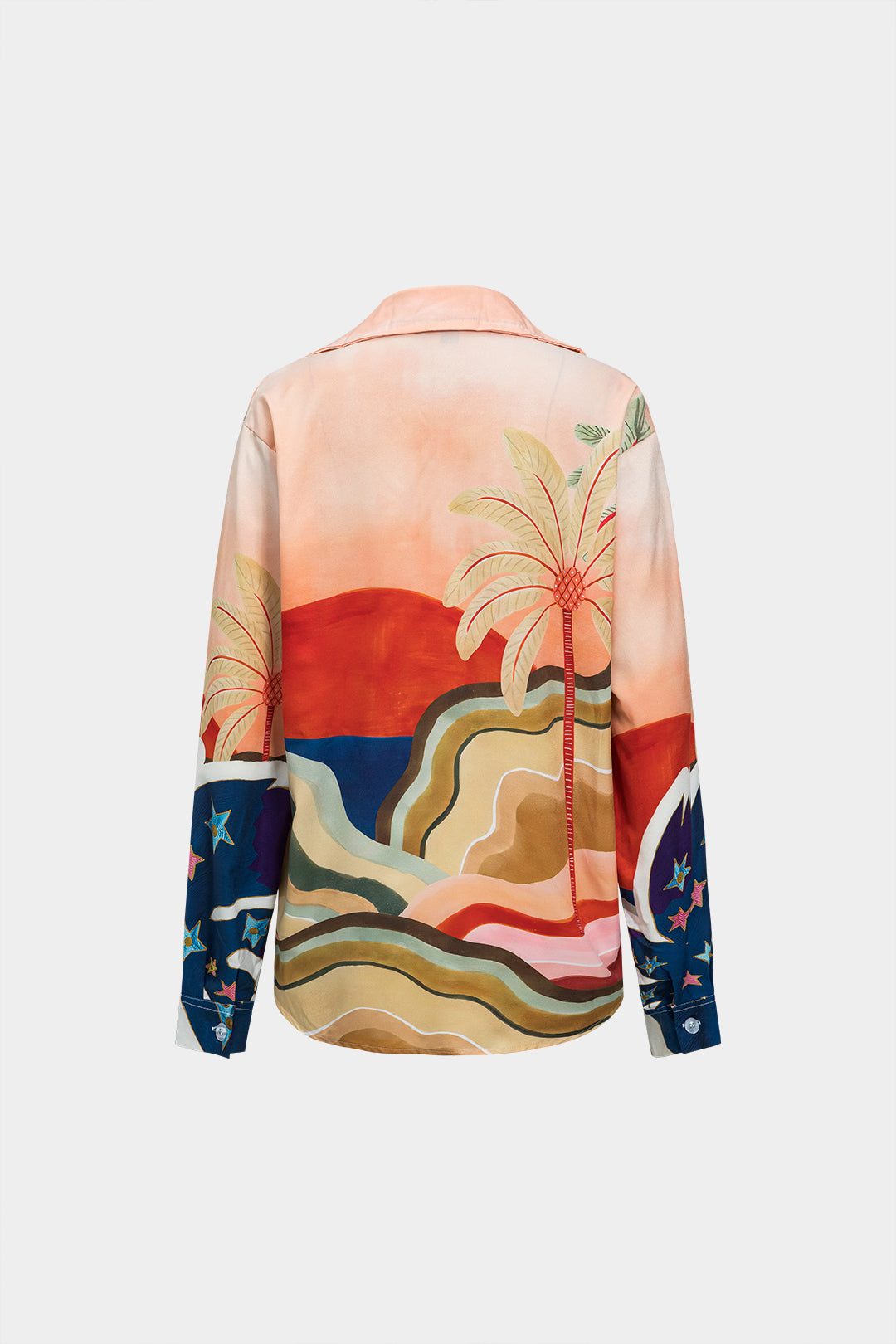 Coconut Palm Print Long Sleeve Shirt And Ruched Tie Front Trousers Set