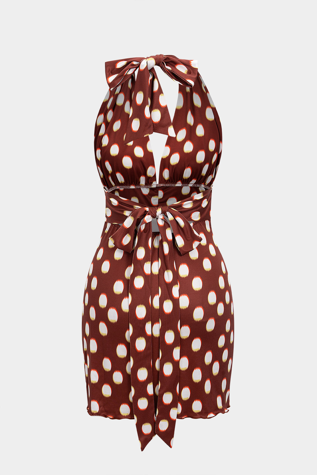 Polka Dots Print Halter Tie-Up Ruched Backless Sleeveless Mini Dress