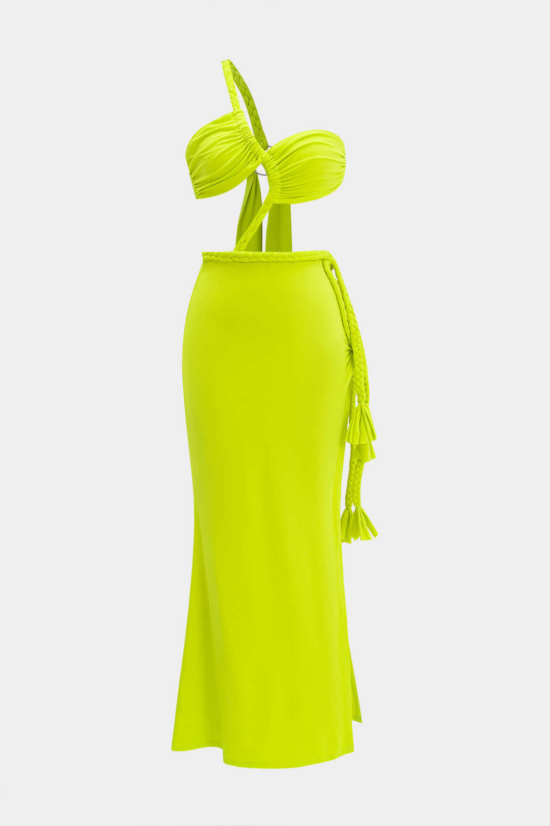 Ruched Cut Out Twist Tie Knot Slit Maxi Dress