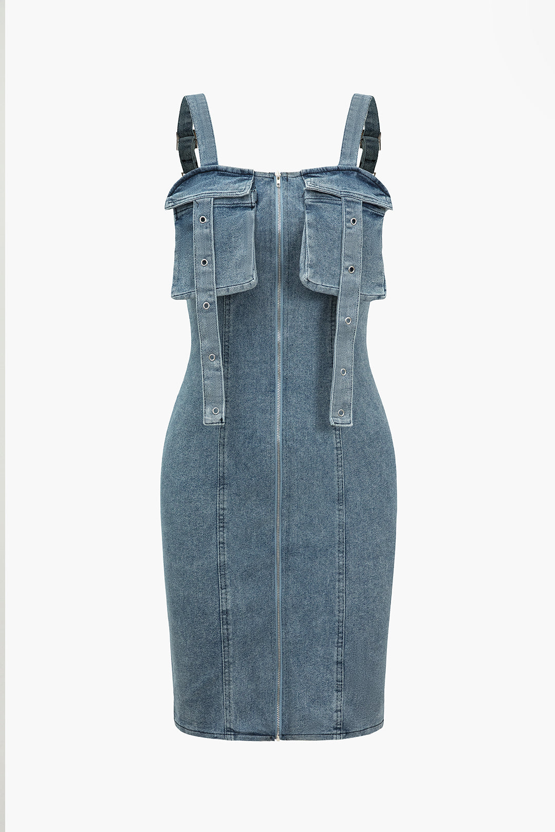 Solid Pocket Zipper Denim Dress