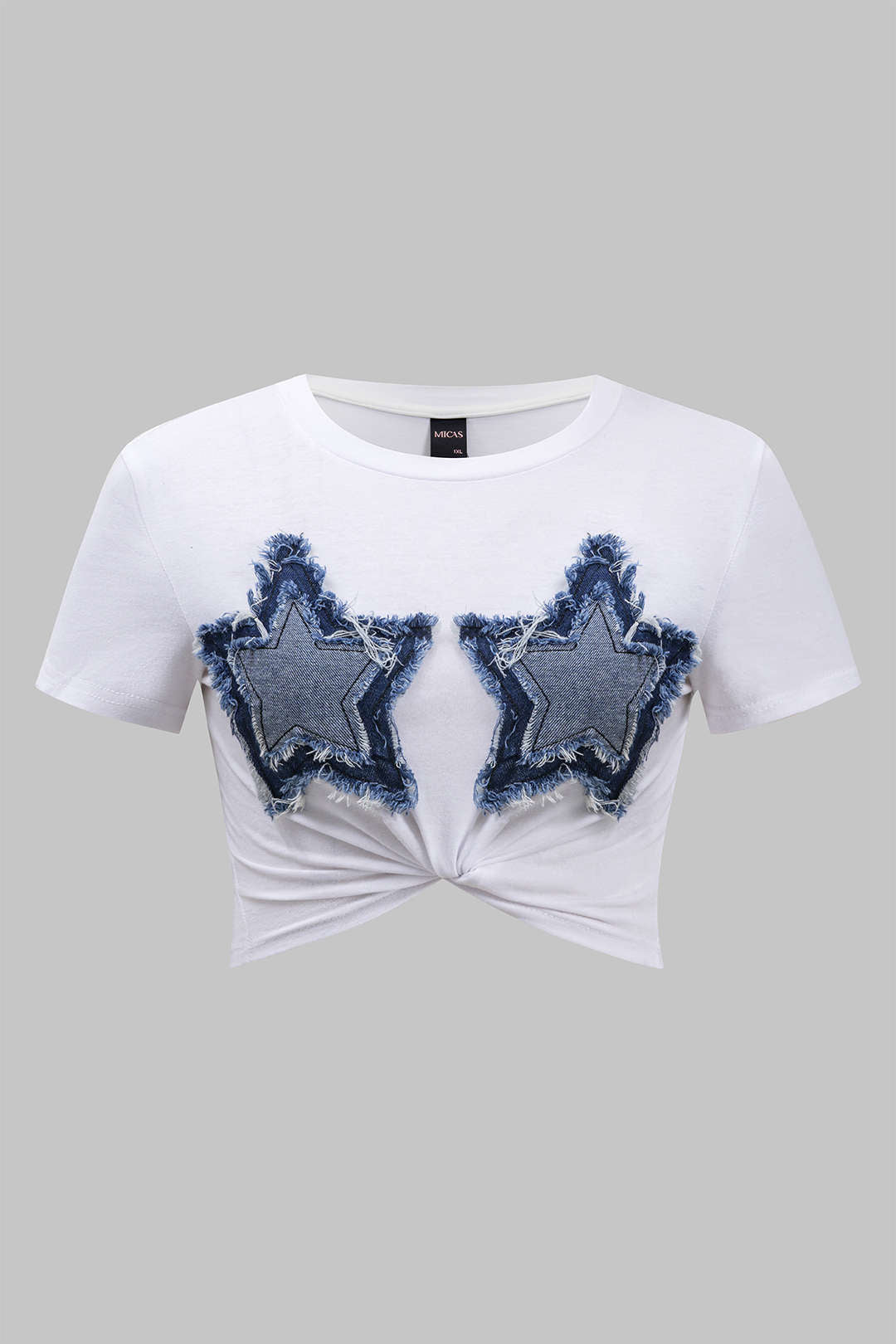 Plus Size Round Neck Denim Patchwork Short Sleeve T-Shirt