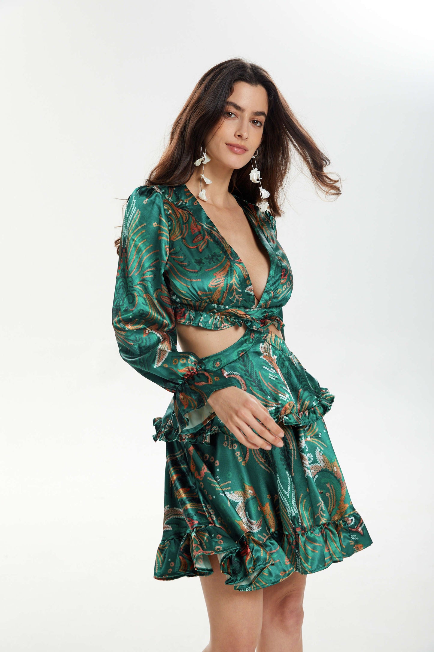 Printed V-neck Cut Out Ruffle Mini Dress