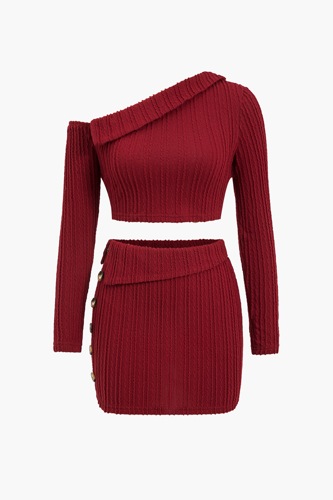 Solid Knit Asymmetrical Button Skirt Set
