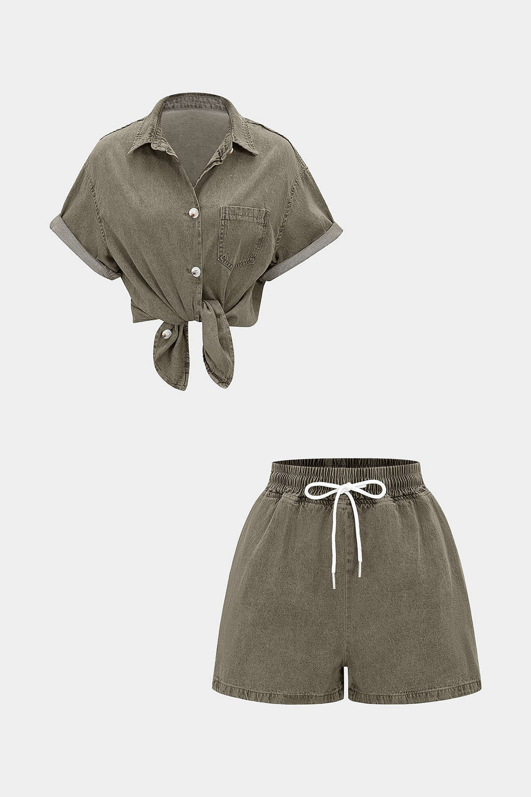 Denim Button Pocket Tank Top And Drawstring Shorts
