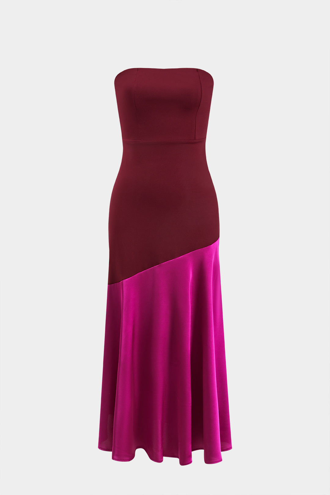 Satin Patchwork Strapless Sleeveless Midi Dress With Tie