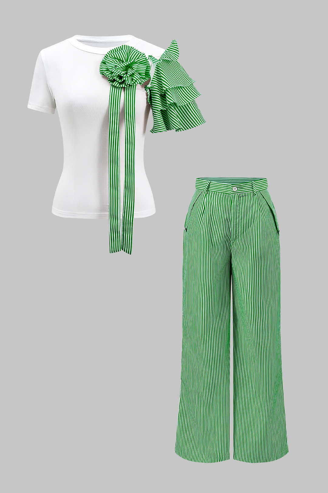 Stripe Print 3D Floral Short Sleeve Top And Button Wide Leg Trousers Set