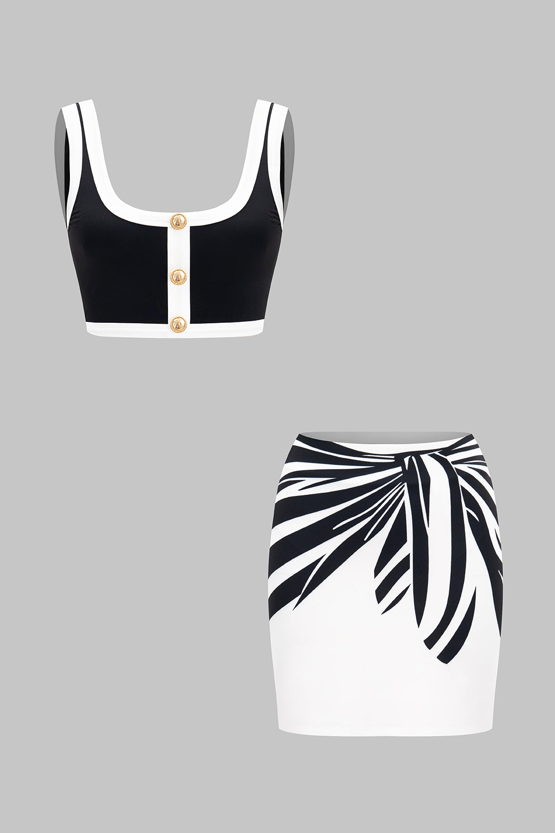Contrast Print Retro Metallic Button Tank Top And Binding Skirt Set