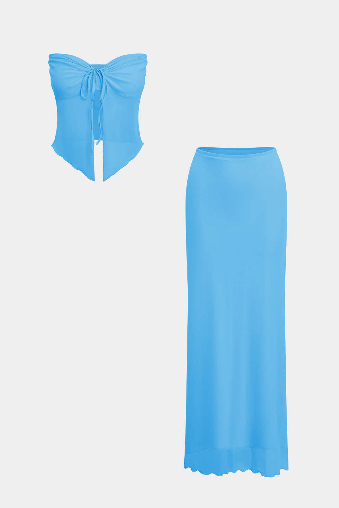 Ruched Sleeveless Double-Layered Mesh Split Strapless Top And Maxi Skirt Set