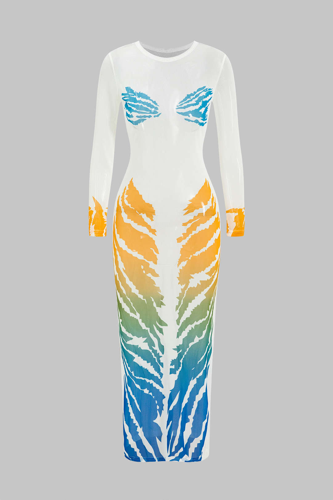 Tiger Print Mesh Sheer Round Neck Midi Dress