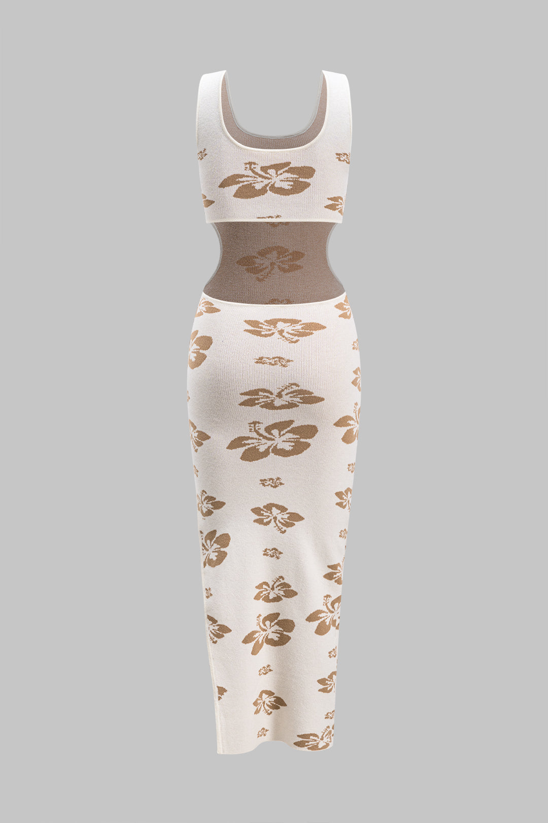 Knit Floral Print Cut Out Slit Sleeveless Dress
