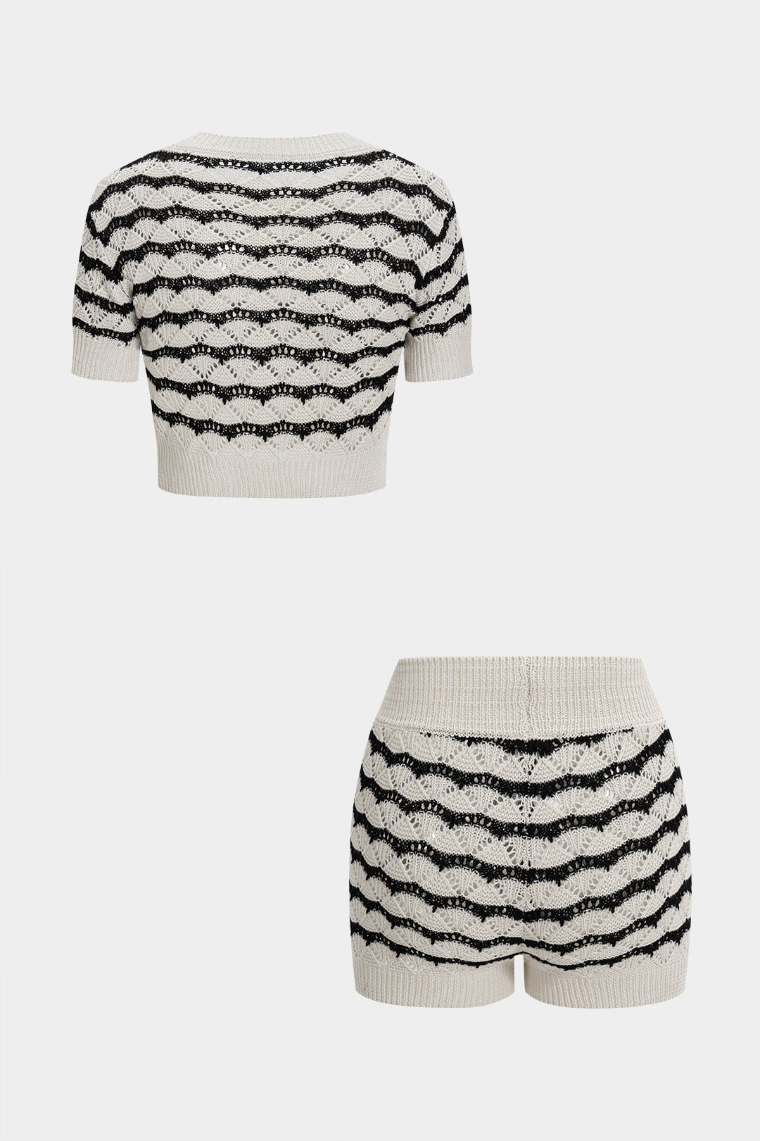 Knit Stripes Contrast Print Cut Out Short-Sleeve Top And Shorts Set