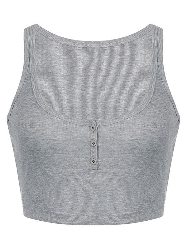 Grey Vintage Buttoned Rib Crop Tank Top