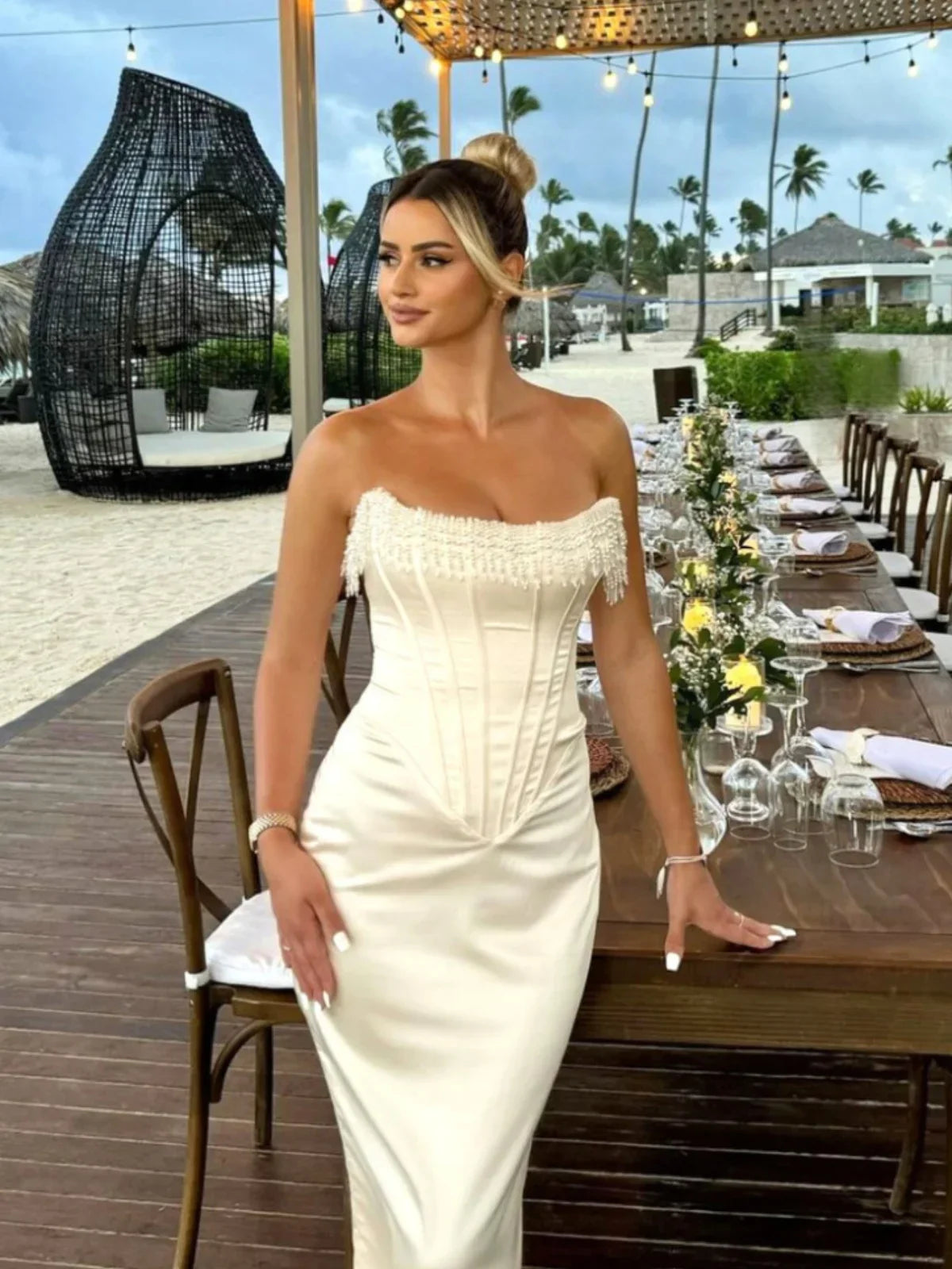 Liora - Pearl Trim Strapless Corset Midi Dress