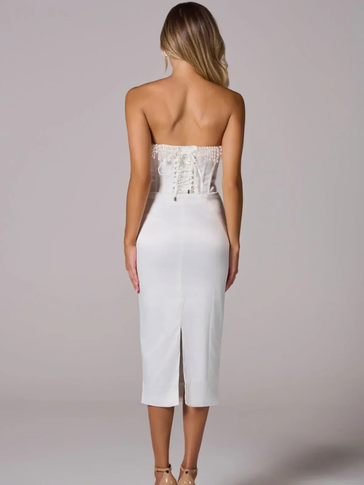 Liora - Pearl Trim Strapless Corset Midi Dress