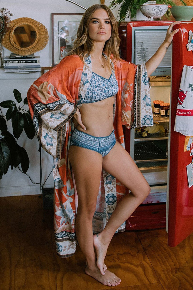 Floral Crane Print Kimono With Belt