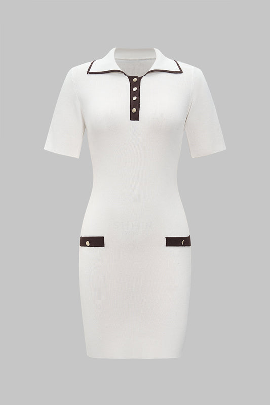 Contrast Metallic Button Short Sleeve Midi Dress