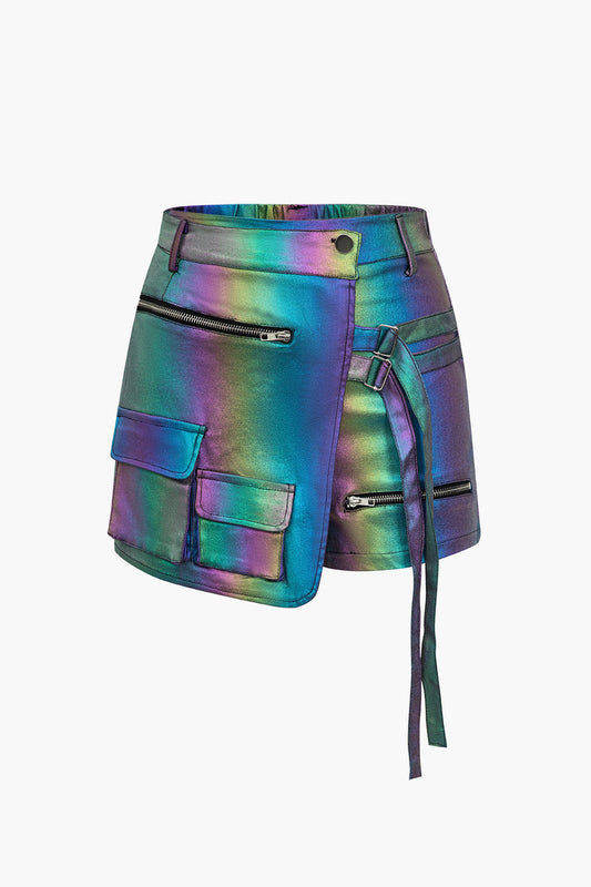 Rainbow Print Asymmetrical Pocket Shorts
