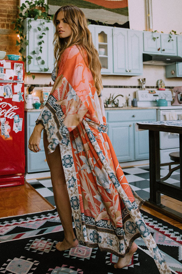 Floral Crane Print Kimono With Belt