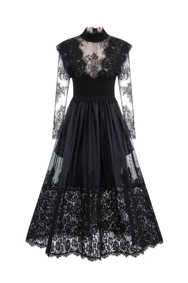 Jamie Black Floral Lace Stitching Dress