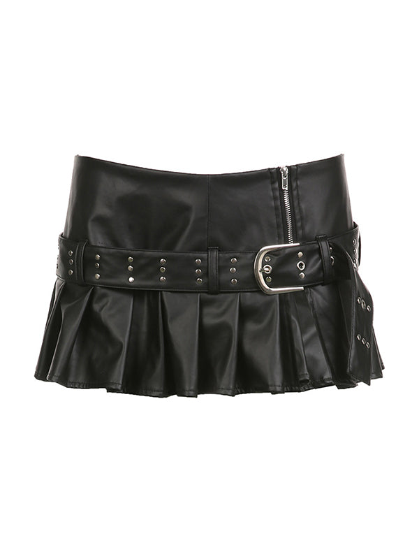 Punk Rivet Belted Pleated Slit Leather Mini Skirt