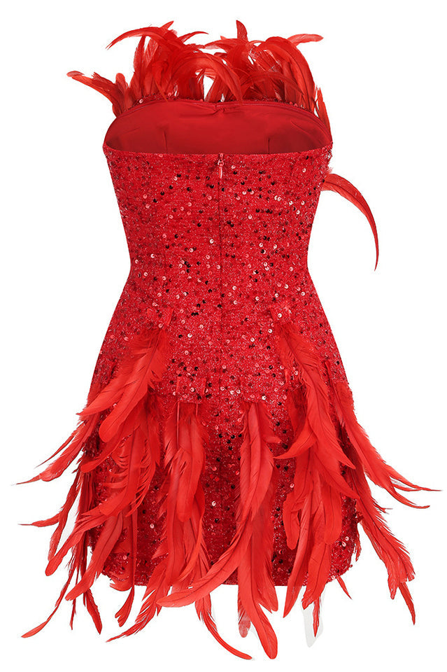 Strapless Sequin Feather Embellished Mini Dress