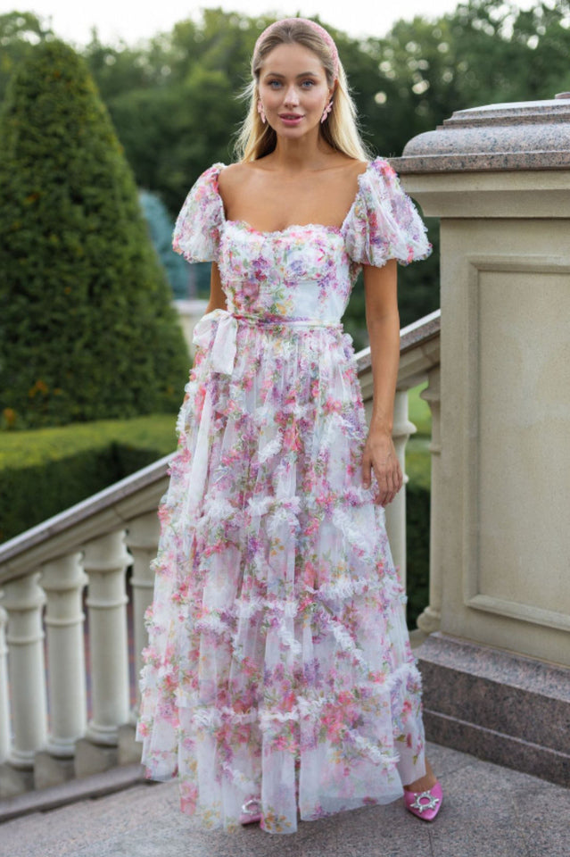 Floral Tulle Puff Sleeve Bow Tie Maxi Dress