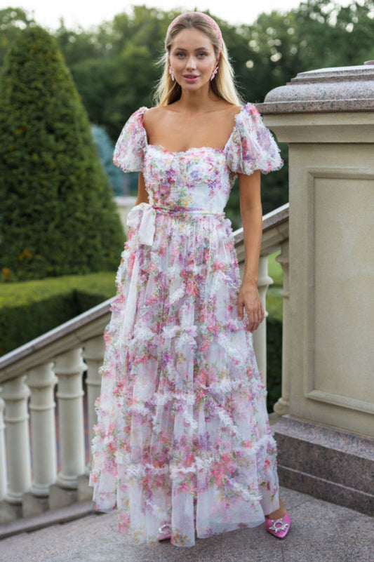 Floral Tulle Puff Sleeve Bow Tie Maxi Dress