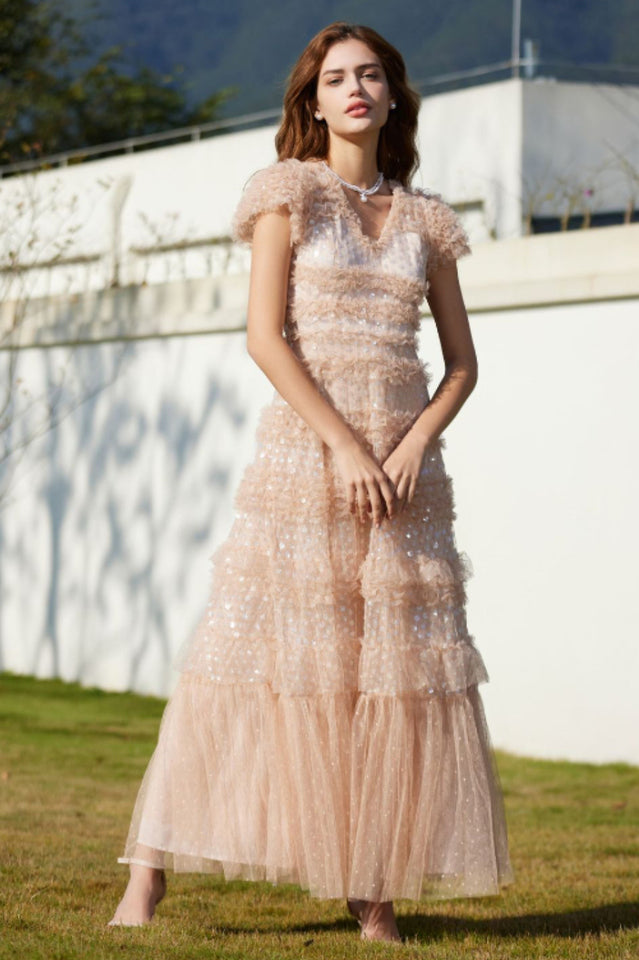 Sequin Layered Ruffle Tulle Maxi Dress