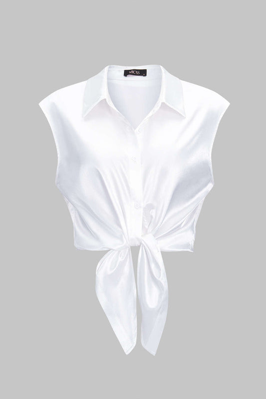 Satin Knotted Ruched Sleeveless T-Shirt