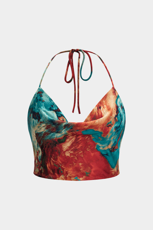 Plus Size Satin Abstract Pattern Zipper Cowl Neck Halter Neck Tie-Up Cami Top
