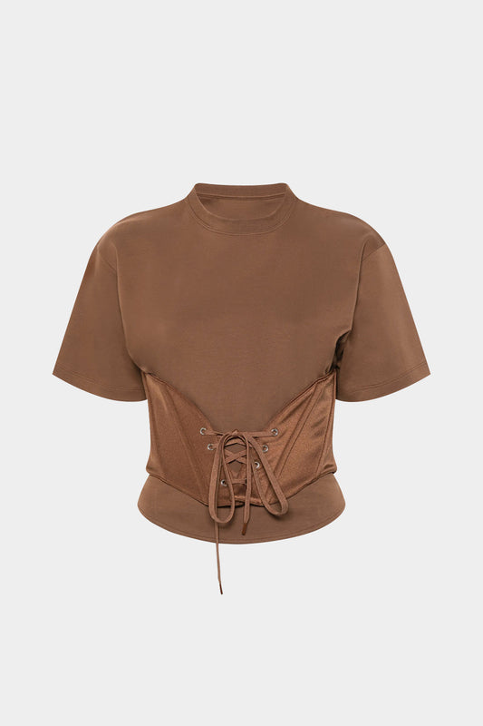 Satin Round Neck Corset Tie-Up Short Sleeve T-Shirt