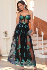 Mesh Sequin Floral Print Prom Dress