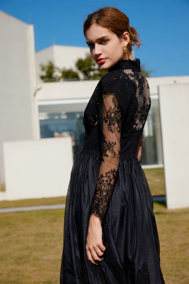 Jamie Black Floral Lace Stitching Dress